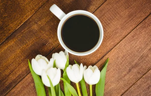 Flowers, coffee, bouquet, Cup, tulips, white, white, wood