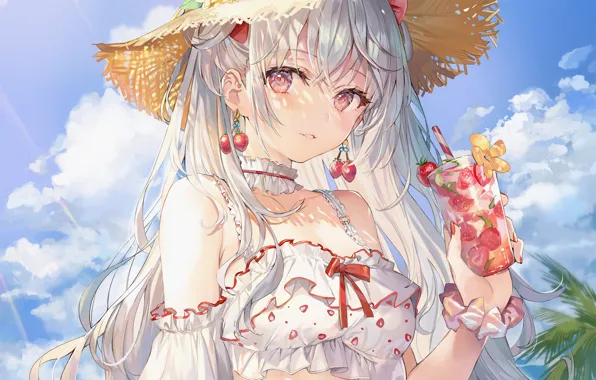 Girl, summer, sexy, cleavage, blouse, long hair, boobs, anime