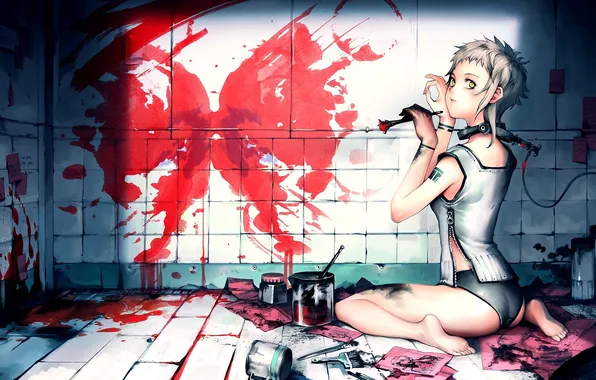Girl, wall, butterfly, paint, art, wire, brush, draws