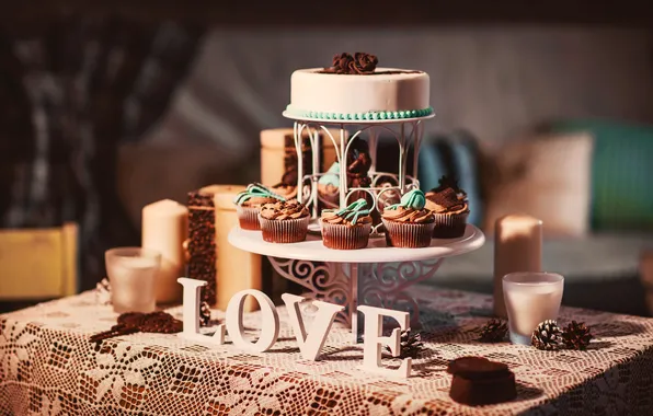 Love, the inscription, candles, cake, love, decoration, cake, dessert