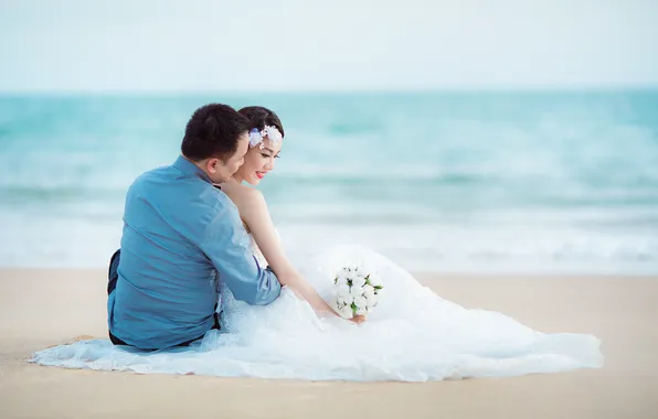 Picture sea, beach, bouquet, horizon, pair, the bride, wedding, the groom