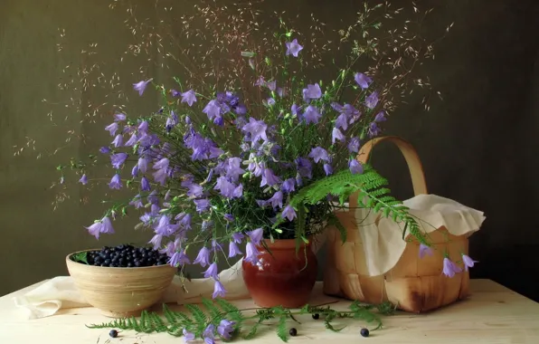 Leaves, flowers, berries, blueberries, plate, still life, bells, basket