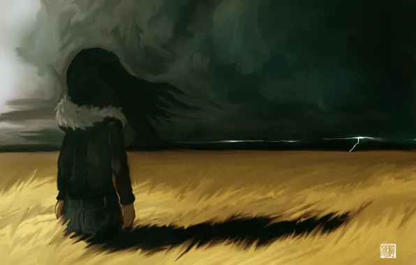 The storm, field, girl