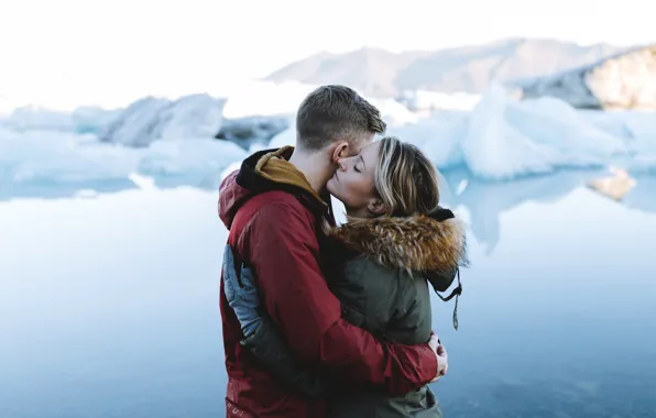 Winter, girl, lake, hugs, jacket, male, lovers