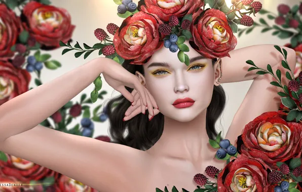 Picture girl, flowers, berries, wreath