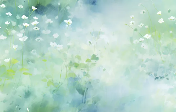 Greens, leaves, flowers, glade, blur, texture, spring, watercolor