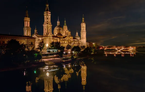 Picture trees, night, bridge, lights, river, home, lights, Spain