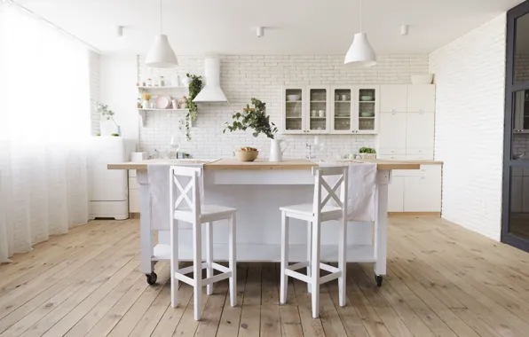 Table, lamp, chairs, plants, refrigerator, kitchen, bricks, shelves