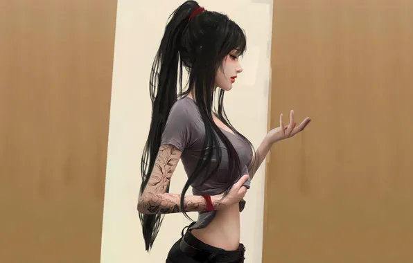Picture long hair, tattoo, fantasy girl, hand gesture