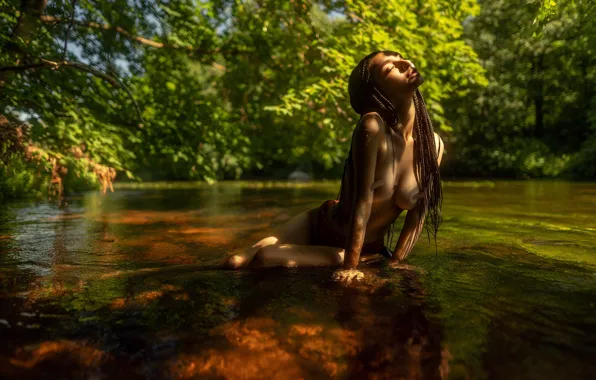 Water, girl, nature, pose, brunette, braids, Maxim Gontarev