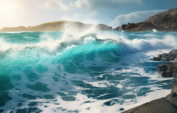 Sea, wave, landscape, nature, shore, surf, digital art, AI art