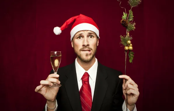 New year, champagne, in the header, Christmas background, with a glass of, the guy in …