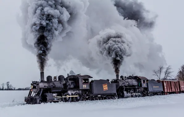 Winter, nature, smoke, cars, trains, locomotives