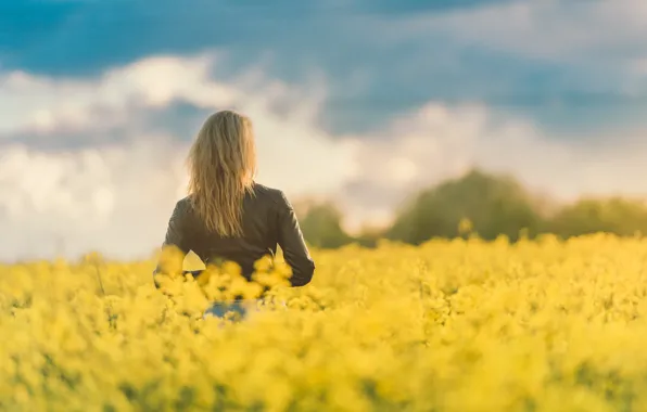 Picture field, girl, nature, hair, spring, jacket, flowering