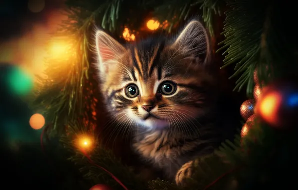 Cat, look, balls, branches, lights, the dark background, rendering, kitty