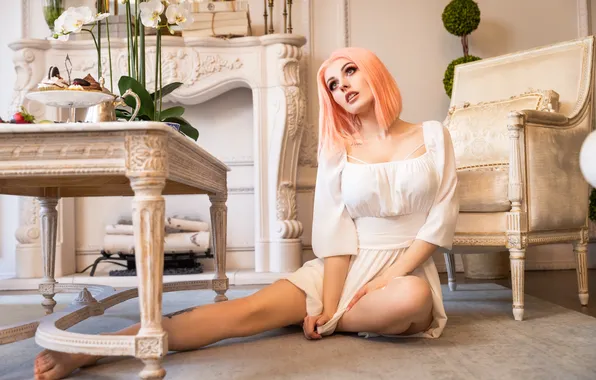 Model, White Dress, Looking Up, Taylor Bloxam, On The Floor