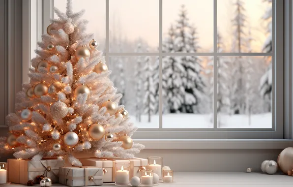 Winter, snow, decoration, room, tree, interior, Christmas, New year