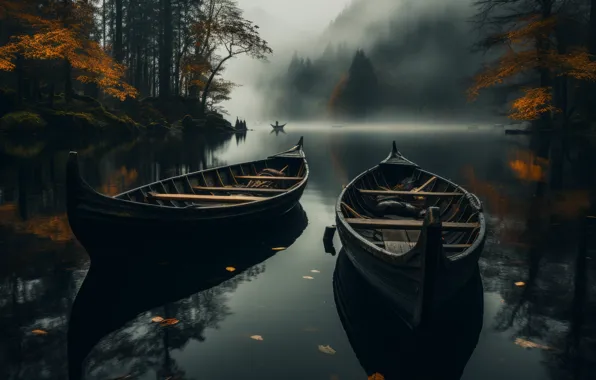 Picture lake, boat, fall, AI art