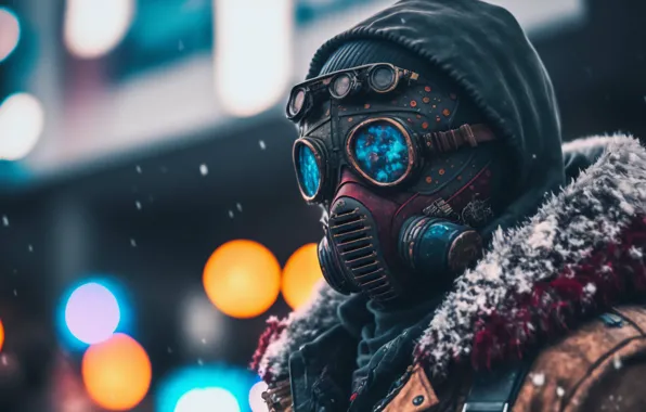 Picture winter, snow, lights, lights, portrait, mask, glasses, hood