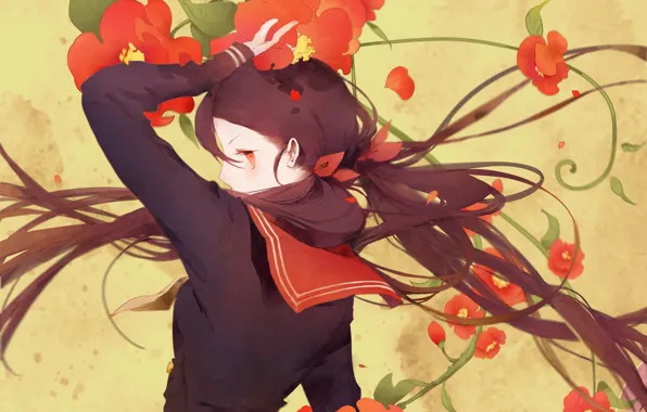 Picture girl, anime, art, school uniform, long hair, anime, red flowers