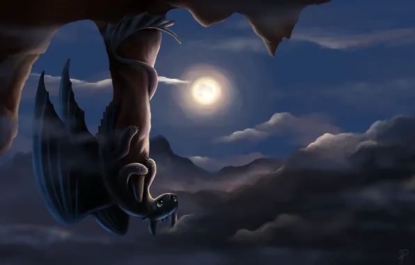 Picture night, rock, the moon, dragon, art, Toothless, how to train your dragon, the night fury