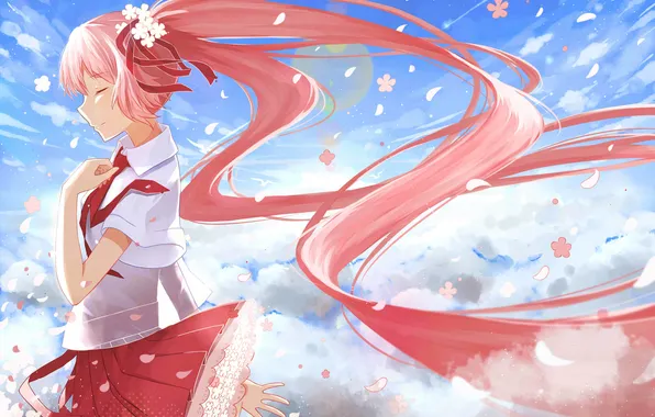 Girl, smile, petals, Sakura, profile, vocaloid, hatsune miku, Vocaloid