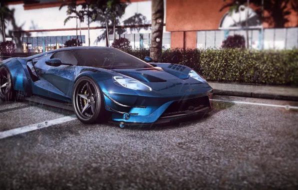Asphalt, rain, Ford, puddles, supercar, Ford GT, sports car, turquoise