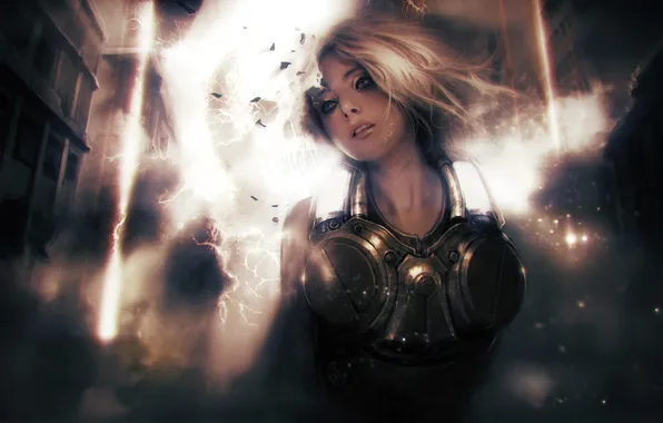 Girl, the city, war, building, explosions, blonde, armor, Gears of War 3