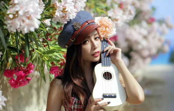 Picture girl, guitar, portrait, Asian