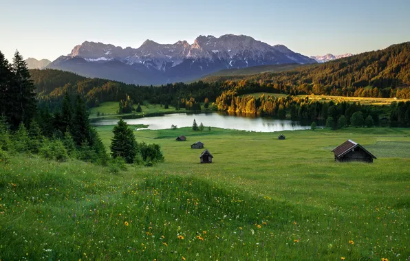 Picture summer, mountains, lake, home, Alps, meadows
