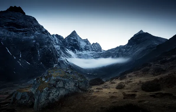 The sky, mountains, fog