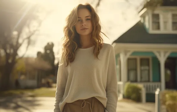 Road, look, girl, pose, house, walk, jacket, mansion