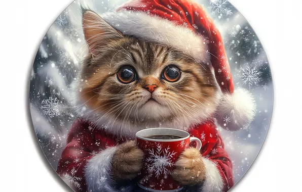 Winter, cat, look, snow, snowflakes, pose, kitty, tea