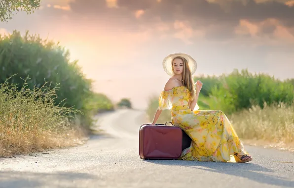 Picture road, girl, hat, dress, suitcases, Joana