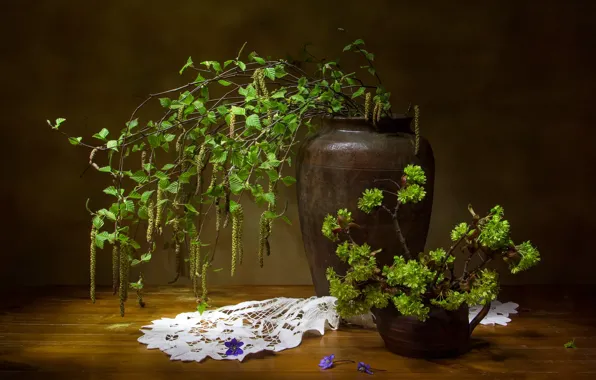 Greens, flowers, branches, table, bouquet, kettle, birch, vase