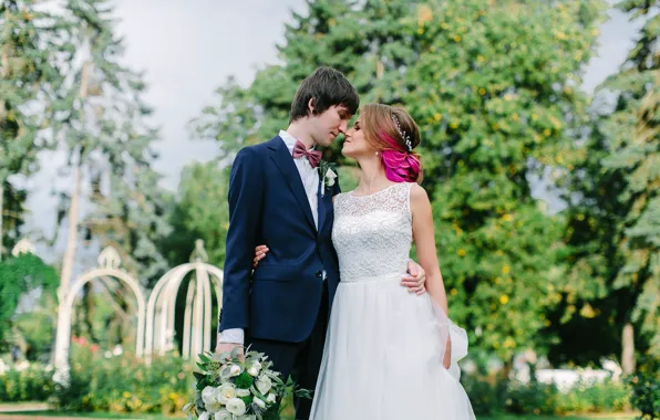 Girl, nature, bouquet, pair, guy, lovers, the bride, wedding