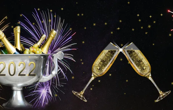 Salute, Bottle, New year, Black background, Fireworks, Bakaly, Champagne, 2022