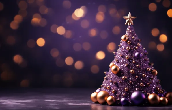 Balls, lights, the dark background, star, Shine, Christmas, purple, New year