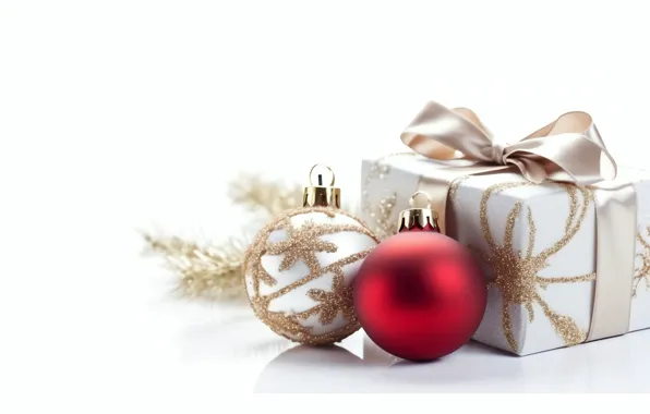 White, balls, red, box, gift, ball, Christmas, white background