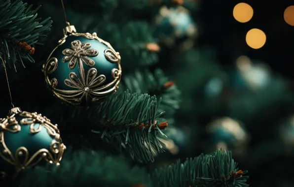 Balls, close-up, branches, lights, the dark background, balls, pattern, Shine