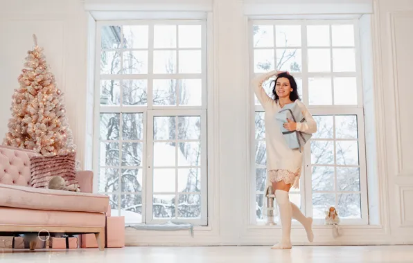 Picture girl, smile, gift, tree, new year, window, Christmas, New Year