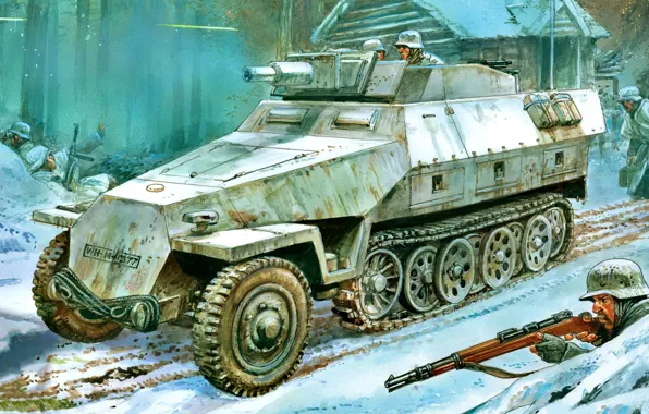 Winter, Snow, The Wehrmacht, APC, Sd.Car.251, WWII, Soldiers, Sd.Car.251/9 Ausf.D Butts