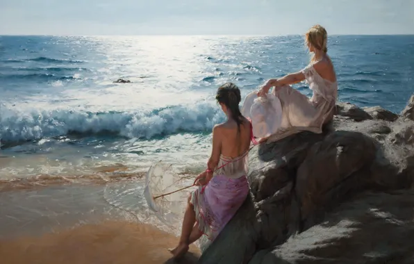 Picture summer, sea, girls, umbrella, art, rocks, sand, tide