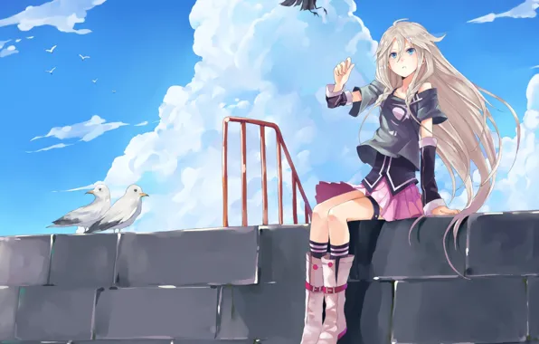 Picture clouds, birds, wall, seagulls, girl, vocaloid, Raven