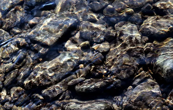 Water, transparency, light, pebbles, glare, river, stones, background