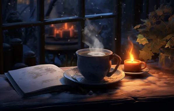 Winter, snow, night, candle, New Year, window, Christmas, Cup