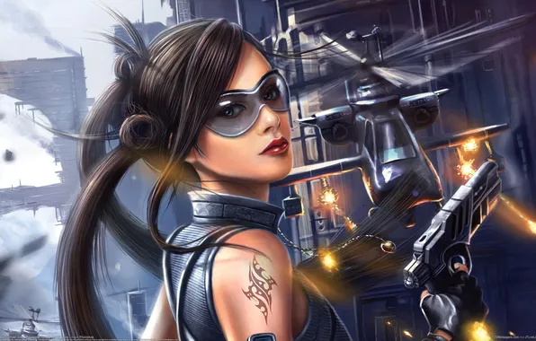 Girl, the city, gun, weapons, art, glasses, helicopter, pendant