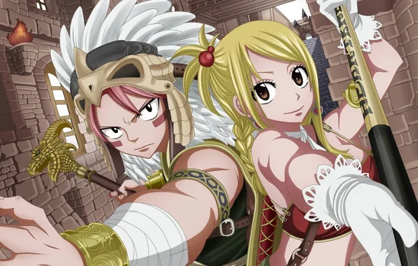 Girl, the city, feathers, art, staff, guy, Lucy, Natsu