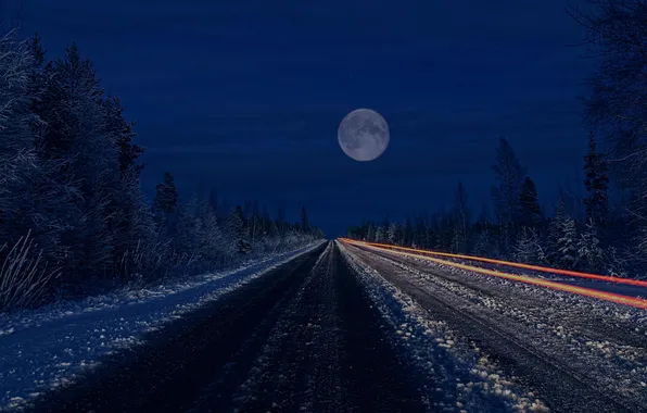 Road, night, the moon