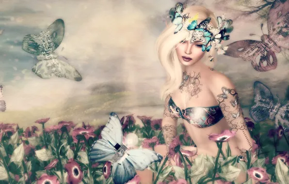 Girl, butterfly, flowers, fantasy, blonde